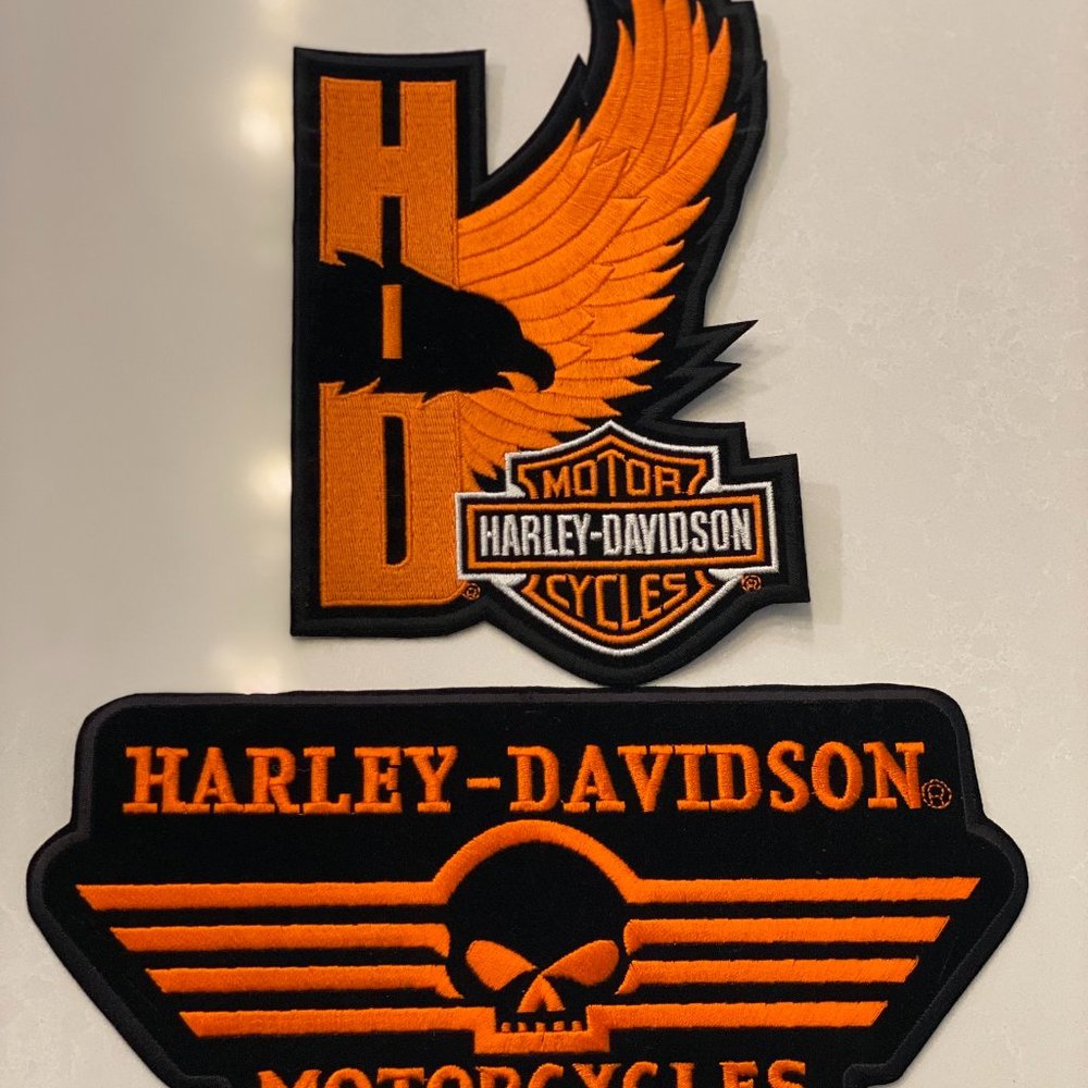 Lot of 2 Vibrant Orange Harley Davidson Embordered Sew-on Motorcycle Patches